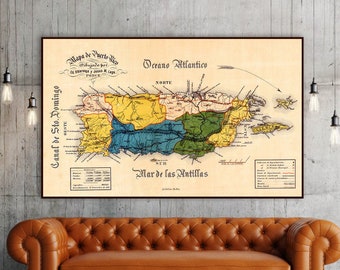 Antique map of Puerto Rico, shows roads, political division and national population statistics, Puerto Rico gifts.