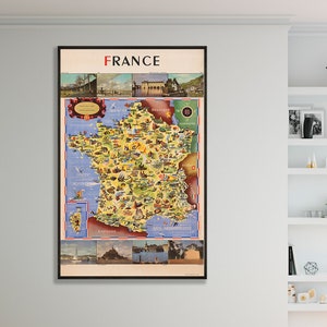 Vintage Frankreich Plakat, das französische historische, kulturelle, architektonische, gulinarische, sportliche, landwirtschaftliche, religiöse Städte illustriert