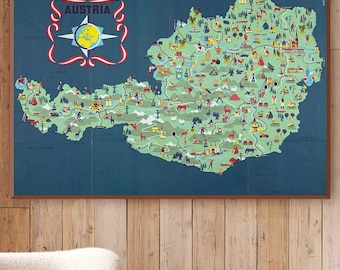 Vintage Austria Travel Poster Map: Austrian Tourism Art Print