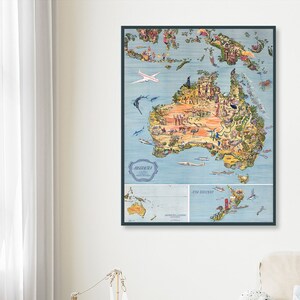 Mappa illustrata d'epoca dell'Australia, della Nuova Zelanda e dell'Indonesia raffigurante la fauna selvatica australiana, mappa murale d'epoca dell'Australia, arte australiana.