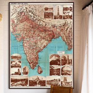 Mapa turístico de la India vintage de 1930 de Philip's / Arte mural de viajes de la India antiguo / Impresión de mapas antiguos de Asia / Decoración histórica / Regalo único