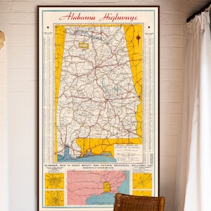 carte vintage de l'état de l'Alabama, grande impression d'art déco cadeaux vieil Alabama.