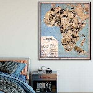 Mapa pictórico de África en húngaro, arte mural vintage de África, impresión de regalo de decoración de África.