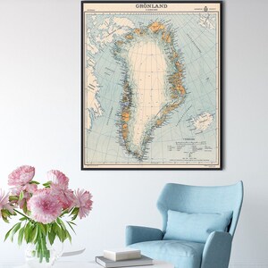 Vintage kaart van Groenland, oude Groenland-print, Groenlandse muurkunst, Denemarken cadeaus.