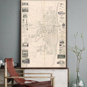 Historische Racine Wisconsin Karte, Vintage Racine Wi Kunstdruck, Vogelperspektive auf die Stadt Racine, Wisconsin Geschenk.