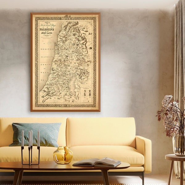 Historische Karte von Palästina oder dem Heiligen Land, zeigt biblische Ereignisse bildlich und mit Zitaten, enthält Illustrationen und Schlüssel zu Stämmen