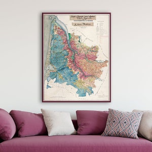 Carte agricole de la Gironde - carte vintage des fermes et des vignobles français, décoration région de Bordeaux