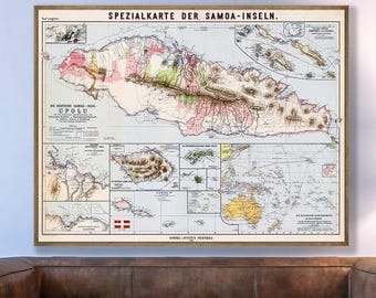 Impresión vintage de mapa de Samoa: arte mural del territorio alemán de la década de 1900