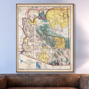 Vintage Arizona state map print, American Indian Reservations, National Forests, Parks, Arizona home decor.