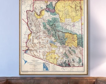 Vintage Arizona state map print, American Indian Reservations, National Forests, Parks, Arizona home decor.