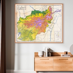 Pashto language map of Afghanistan, vintage large-format Afghanistan wall map decor.