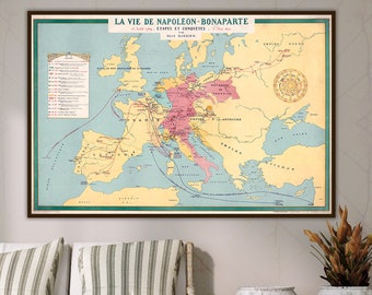 La vita di Napoleone Bonaparte. Fasi e conquiste. Poster di Napoleone Bonaparte, guerre di Napoleone, stampa di Napoleone, mappa di Napoleone.