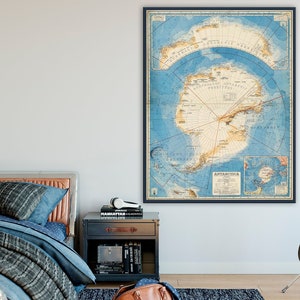 carte vintage de l'Antarctique, ancienne carte de l'Antarctique, art mural de l'Antarctique, décoration de la maison de l'Antarctique, cadeaux de l'Antarctique.