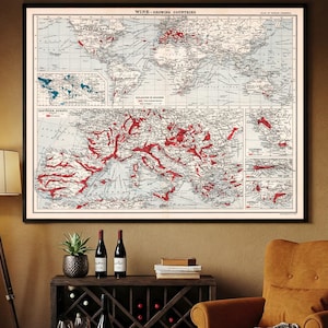 Wydruk mapy win świata w stylu vintage, Atlas historycznych regionów winiarskich | Mapa odmian winorośli | Dekoracja ścienna dla enofila