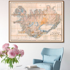 Ancienne carte de l'Islande de 1849 | Graphique des îles Old Uppdrattr | Décoration murale scandinave