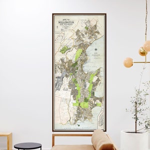 Vintage Landkarte von Wellington und Umgebung, großer historischer Wellington Posterdruck, Neuseeland Landkarten Dekor Geschenke.