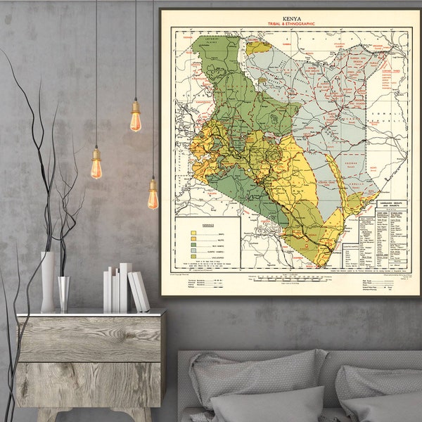 Old Kenya map, tribal & ethnographic map of Kenya, Kenya wall art print decor.