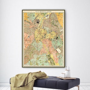 carte vintage de Bruxelles et de sa banlieue, gros caractères de Bruxelles, art mural ancien de Bruxelles, cadeaux belges.