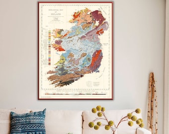 Geological map of Ireland includes the Diagrammatic section across Ireland, vintage Ireland wall art decor.