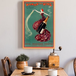 Cartel de vino vintage, arte mural de mujer y vino, cartel publicitario francés clásico, regalo de vino para mujer.