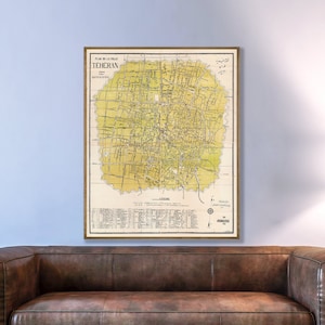 Mapa antiguo de Teherán, el último gran mapa de Teherán que muestra la ciudad antigua, farsi y francés, mapa histórico de Teherán, impresión artística de Teherán, persa