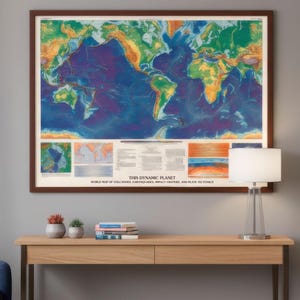 Impresión del mapa geológico mundial: volcanes y placas tectónicas
