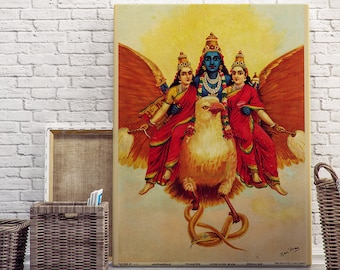 Hindu God wall art, Raja Ravi Varma's Vishnu Garuda Wahan, Vishnu on his Eagle Mount Garuda.