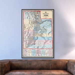 Carte historique de l'Utah, grande carte murale de l'Utah, impression de carte ancienne, cadeaux de l'Utah.