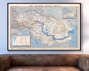 The Danube River Basin, vintage map of Danube River, Danube River map, Danube River wall art, Danube River gifts.