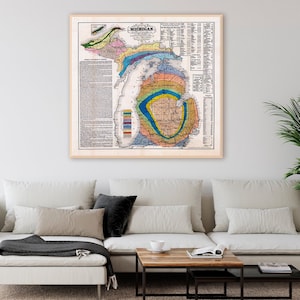 Carte géologique du Michigan, grande impression d'art vintage du Michigan, décor de l'État du Michigan.