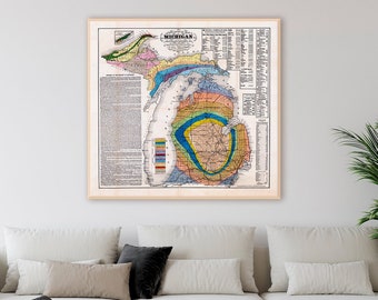 Geological map of Michigan, large vintage Michigan art print, Michigan state decor.