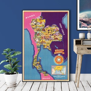 Vintage Reisekarte von Thailand, alte Thailand Touristenattraktionen Karte Dekor Wand Kunst Druck.