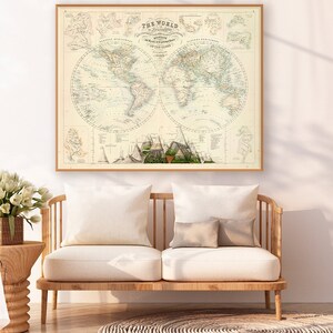 Le monde en hémisphères avec des vues comparatives des hauteurs des principales montagnes et des principaux bassins des rivières du globe.