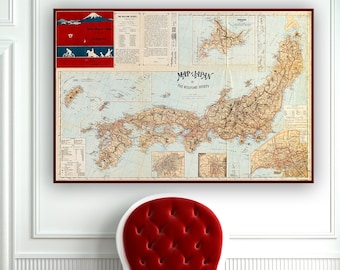 Carte du Japon vintage, ancienne carte du Japon, encarts : Taïwan - Osaka - Kyoto - Îles Bonin - Tokyo - Hokkaido, carte murale du Japon, cadeaux japonais.