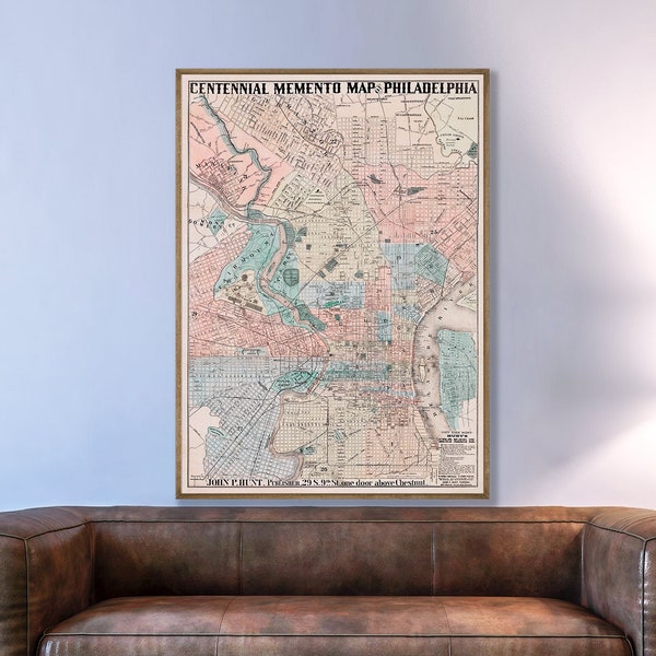 Vintage Centennial memento map of Philadelphia, old Philadelphia wall art print decor.