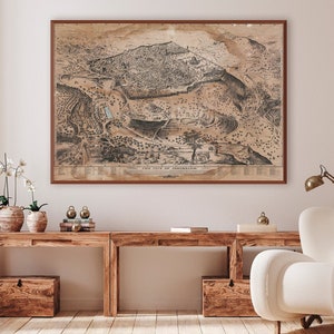 Antike Vogelperspektive auf Jerusalem, mit nummeriertem Schlüssel für 163 antike und historische Orte, altes Jerusalem-Kartendruckgeschenk.