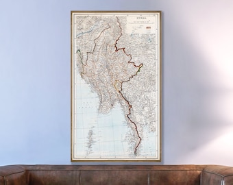 Vintage map of Burma, old Burma map, large Burma wall art, Myanmar maps, Myanmar wall map.