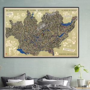 Mapa vintage de Suiza para turistas, muestra edificios, monumentos, atracciones turísticas, características geográficas y lugares de interés.