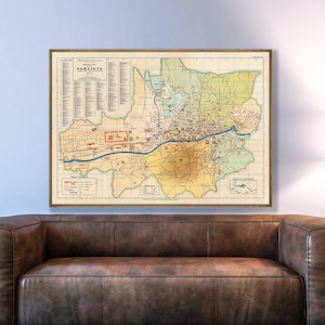 Carte vintage de Sarajevo, la capitale de la Bosnie-Herzégovine entre les deux guerres, cadeau déco impression vieille Sarajevo.