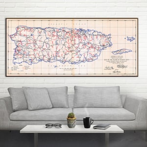 Kaart van het eiland Puerto Rico, vintage grote reproductiemuurkaart van Puerto Rico.