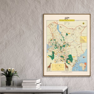 Touristische Karte von Kenia, Nebenkarten von Nairobi und Mombasa, Kenia Touristeninformation, Tierartenliste, kenianischer Kunstdruck.