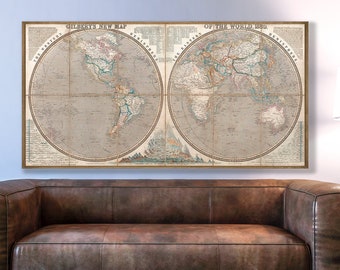 Striking large format map of the world, charts of mountains and rivers, vintage world map wall art.