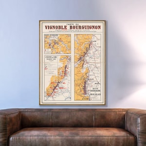 Vintage Bourgondische wijngaardkaart, Bourgondische wijnkaart, oude Franse wijnbouw, Beaujolais-wijngebied, Bourgogne Côte d'Or, Bourgondische geschenken.