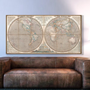 Striking large format map of the world, charts of mountains and rivers, vintage world map wall art.
