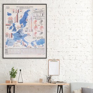 Carte économique des pays du plan Marshall, programme d'aide européen après la Seconde Guerre mondiale, cadeau de la Seconde Guerre mondiale pour les amateurs d'histoire.