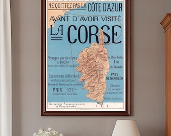 Mapa vintage da Córsega, pôster de viagem francês, cartografia antiga da ilha, arte de parede mediterrânea, decoração retrô.
