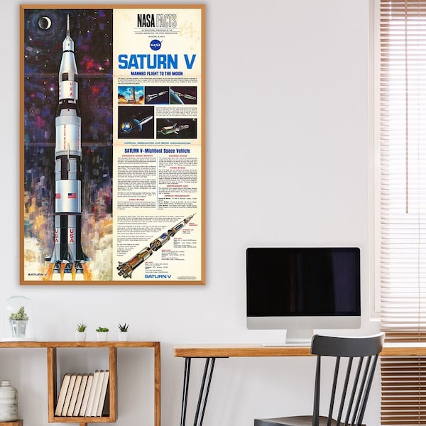 1967 NASA Facts Poster, exposition éducative sur la mission Saturn V, les merveilles technologiques de la fusée Saturn V et les missions Apollo