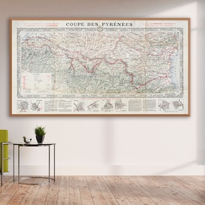 Antique French touring car race map Cupe des Pyrénées which was intended to promote the Pyrenees region, The Pyrenees Cup rally map print.