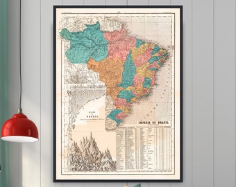 Antique Brazil map, rivers and comparative heights of the mountains of Brazil, the first atlas of Brazil, historic cartography.