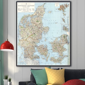 Ancienne carte du Danemark de 1934 | Graphique de l'ancien royaume du Danemark | Impression cartographique Scandinavie
